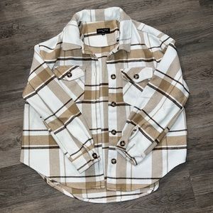 Tan, Brown, and White shacket.